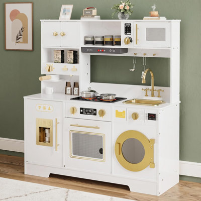 Ensemble de cuisine de jeu en bois 8 en 1 pour enfants - lumières et sons, cafetière, cuisinière / four / four / micro-ondes - 11 accessoires, rangement - jouet de cuisine 3 ans et plus - panneau blanc, accessoires dorés