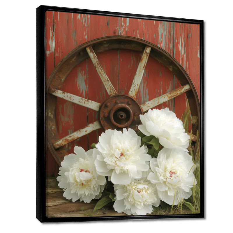 Grandes pivoines par la roue de chariot II - pivoines, art mural, H 20 po x l 12 po, Reproduction avec cadre flottant, Noir