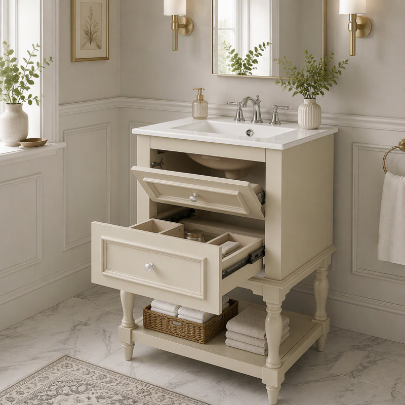 Meuble-lavabo de 20 po avec lavabo en céramique, armoire de rangement avec tablette ouverte, armoire de salle de bain rétro avec 2 tiroirs