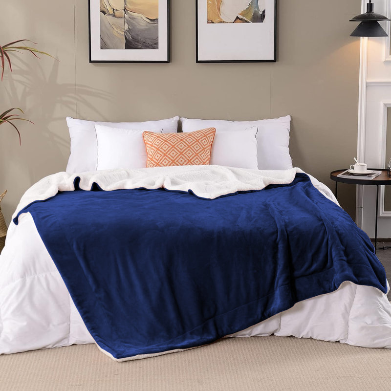Sanborn Soft Reversible Sherpa Fleece Fur Thick Blanket Throw, Navy Blue, 150cm x 200cm
