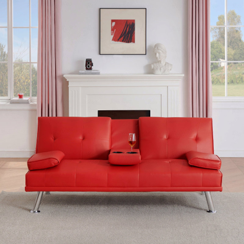 Canapé-lit pliant double en cuir rouge 67 po avec table basse