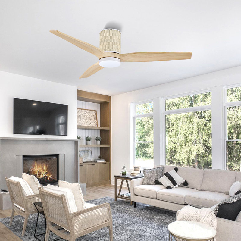 52 po Ventilateur de plafond encastré 3 pales en bois massif avec lumière DEL, Ivoire ivoire, Bois naturel