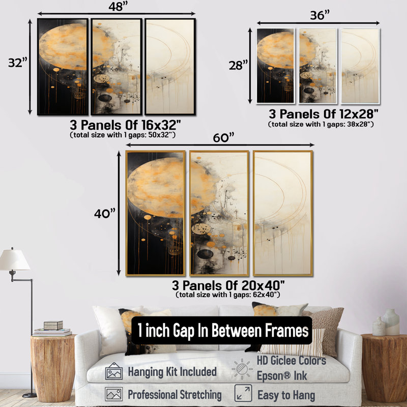 «Full Moon Time Balance I», ensemble d'art mural abstrait, Encadrement argenté, H 32 po x l 48 po x P 1 po