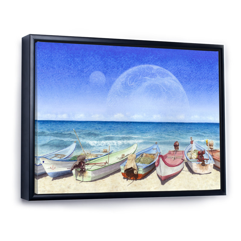 Bateaux sur la plage avec Supermoon - peinture sur toile, H 12 po x l 20 po, Cadre flottant noir