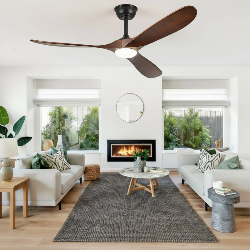 Wrought Studio™ 52'' 3-Blade Ceiling Fan – Light & Remote, High CFM Quiet DC Motor, Solid Wood Walnut Propeller Ceiling Fans, Indoor/Outdoor/Patio (Coastal/Farmhouse)