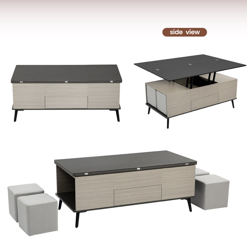 Table basse avec rangement surélevé à 4 pieds Latéralica, Gris foncé, Gris / noir
