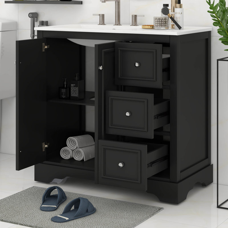 Meuble-lavabo de 36 po avec lavabo en céramique, meuble-lavabo avec 2 portes à fermeture douce, une tablette réglable en forme de U et 3 tiroirs