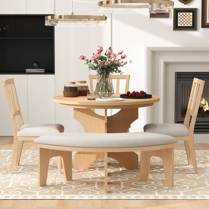 Ensemble de salle à manger de style campagne moderne 5 pièces avec assise rembourrée et base incurvée, Naturel