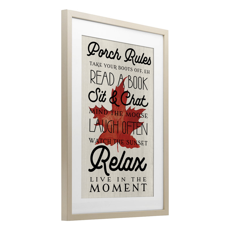 Canada Porch Rules with Leaf, reproduction encadrée sous verre, design par Lil 'Rue, H 20 po x l 14 po