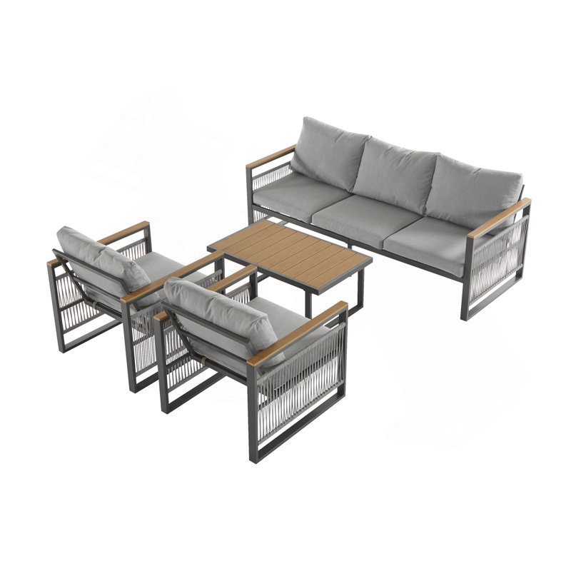 Ensemble de mobilier d'extérieur en métal 4 pièces, canapé d'extérieur 5 places avec coussin, mobilier d'extérieur moderne pour terrasse, jardin, balcon, gris et naturel