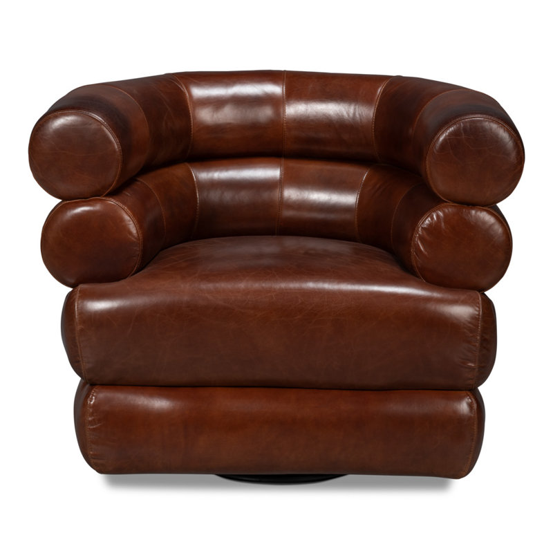 Fauteuil demi-tonneau rembourré et pivotant, Cuir brun