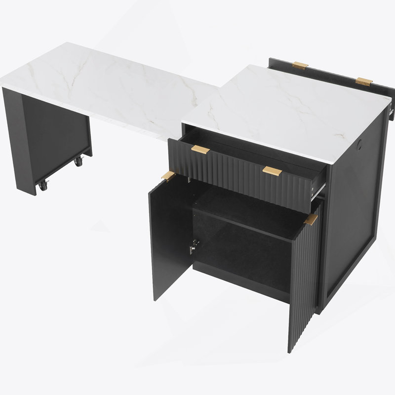 Îlot de cuisine cannelé avec table de salle à manger extensible, prise de courant, rangement double, 2 tiroirs et 2 tablettes ouvertes latérales