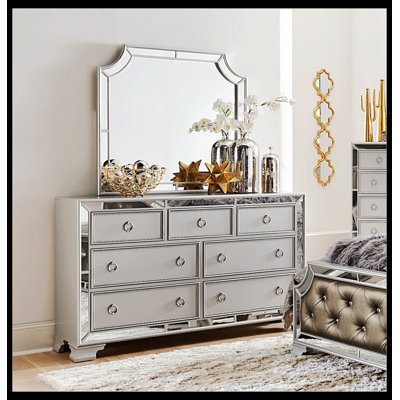 Glamorous Silver Finish Dresser 1Pc 7 Drawers Beveled Mirror Trim Modern Bedroom Furniture_39"" H x 63.25"" W x 18.25"" D -  NTYUNRR, B011134404