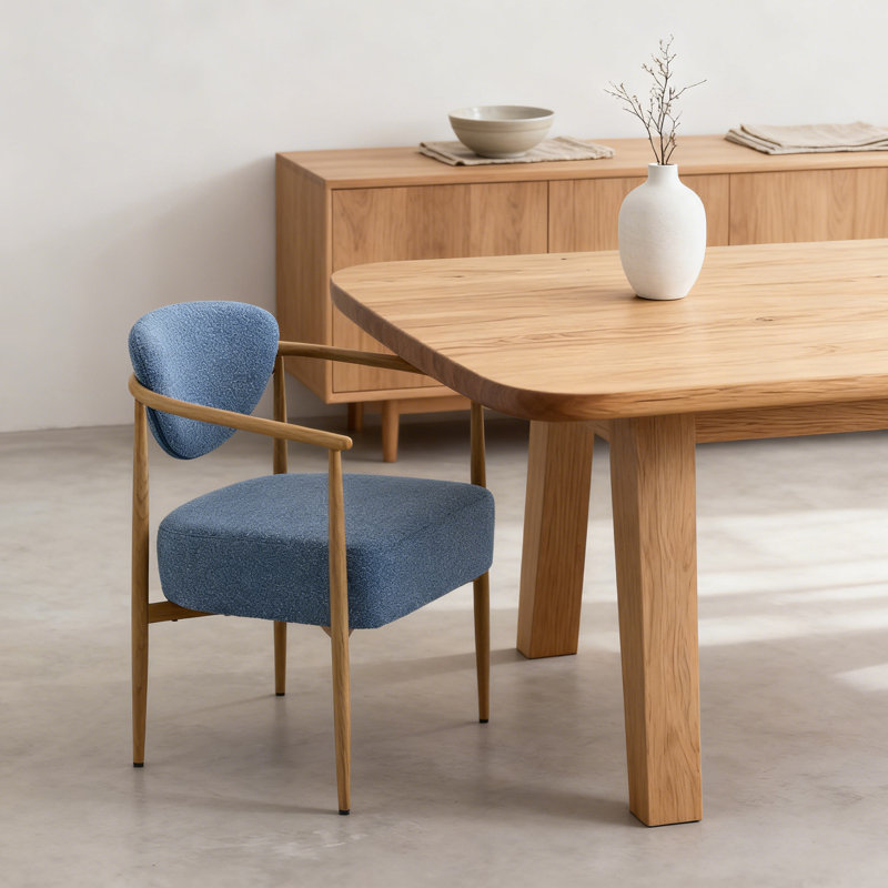 Woven Fabric Upholstered Dining Chair Kitchen Chair Arm Chair, with Wood Grain Iron Frame Legs, 1, Blue