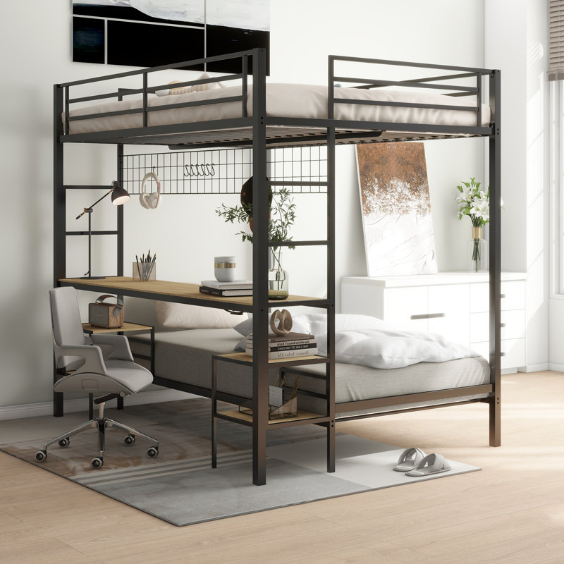 Kiryazov Full Over Twin Bunk Bed With Desk, Charging Station And Storage Shelves, Black, Tan