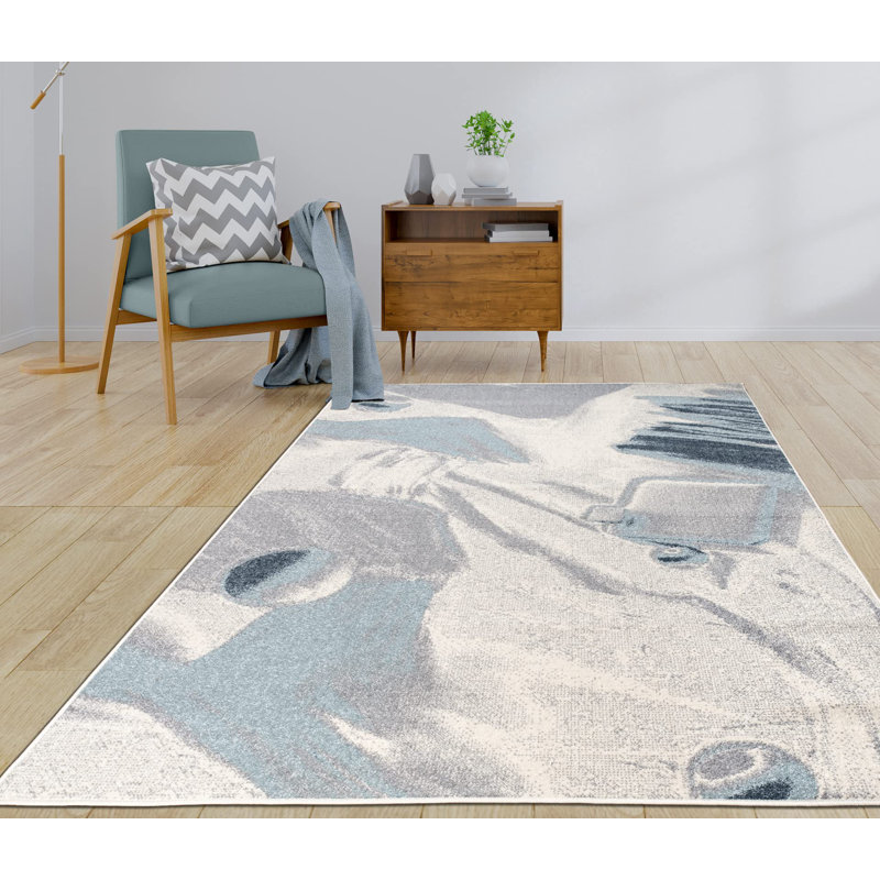Tapis abstrait abstrait rustique contemporain - Tapis moderne pour le salon en bleu, gris et ivoire