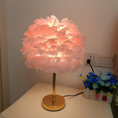 Pink Feather Table Lamp With Gold Base, Romantic Furry Nightstand Light For Bedroom, Living Room, And Hotel Decoration