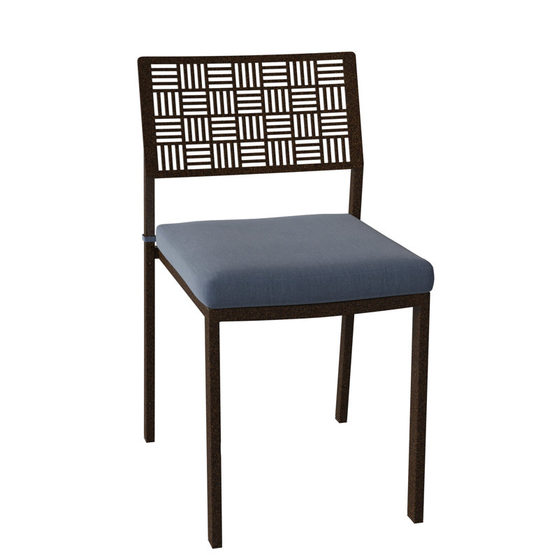 New Century Outdoor Dining Side Chair, Spectrum Denim Sunbrella® Plainweave, Chestnut Brown
