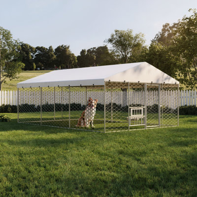 Grand chenil d'extérieur pour chien de 15 x 10 pi avec auvent, structure en acier galvanisé robuste, couvercle imperméable, bols à nourriture surélevés intégrés, parc pour animaux de compagnie verrouillable à l'épreuve des fuites pour grands chi
