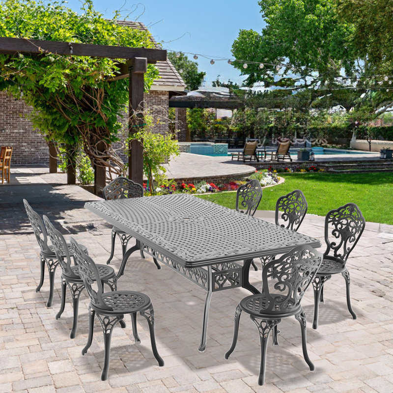 Ensemble 9 pièces de mobilier de salle à manger en aluminium coulé résistant aux intempéries avec cadre noir