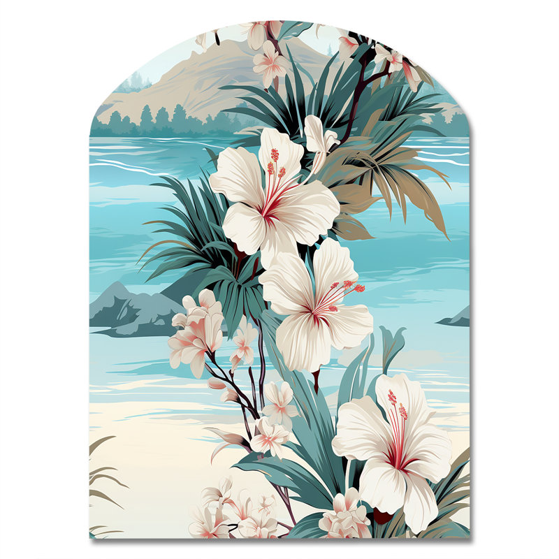 Motif tropical de bord de mer, impression sur métal, arche côtière, art mural blanc asymétrique en métal, H 34 po x l 25 po