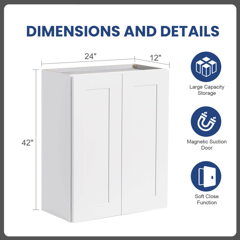 Armoire de cuisine murale en contreplaqué prête à assembler avec 2 tablettes réglables et portes à fermeture en douceur, 24"