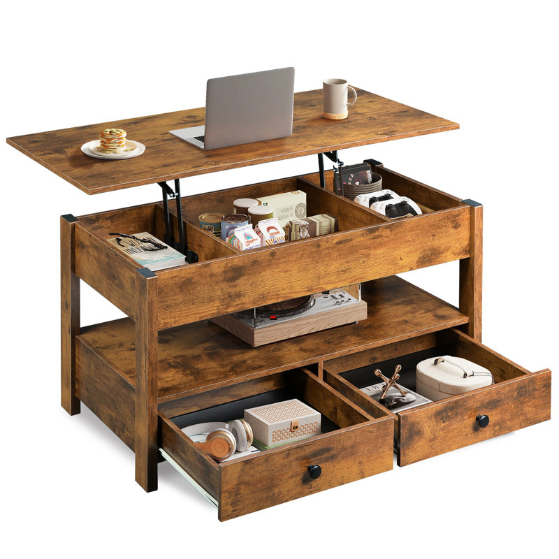Table basse à plateau relevable avec 2 tiroirs, compartiment caché et tablette de rangement ouverte, table de centre de table relevable en bois rustique pour le salon