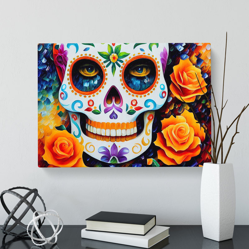 Decorated Floral Sugar Skull - Wrapped Canvas, 40cm H x 60cm W x 3cm D
