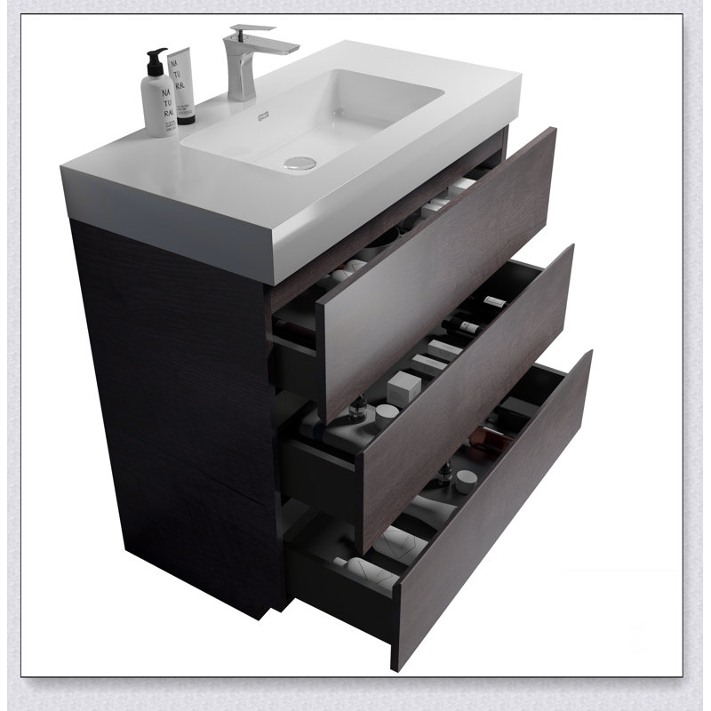 Meuble-lavabo autoportant avec grand lavabo et rangement, Noyer, 36", Blanc
