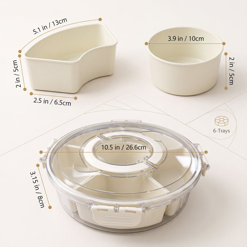 2‑Pack Rotating Round 6‑Compartment Snack Storage Container Set, White Plastic Divided Serving Tray with Locking Clear Lid, Portable Candy Nut Organizer Box for Party, Picnic, Kitchen Food Storage