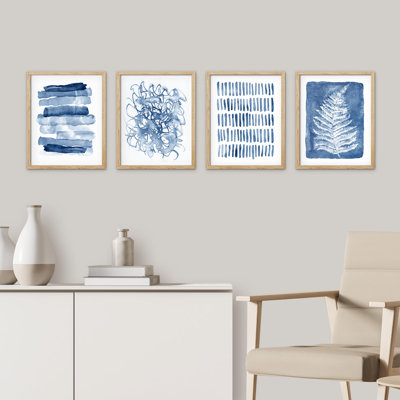 " Bathroom Decor Multicolor Watercolor Pastel Blue Fern Plant & Polygons Abstract Shapes Geometric " 4 - Pieces