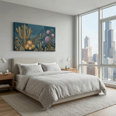 Art mural détaillé sur toile de cactus et fleurs du désert mauve