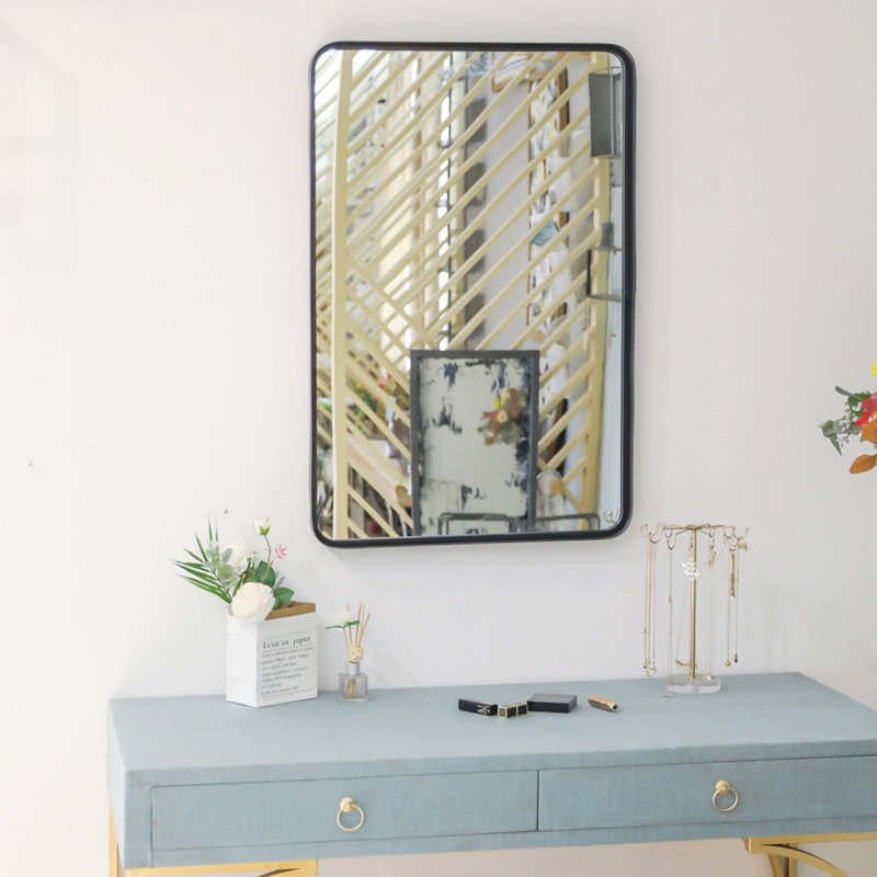 Rashawn Glass,Metal,Stainless Steel Flat Wall Mirror, 29.92" x 19.69", Black