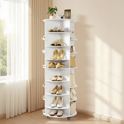 7 Tier Rotating Shoe Rack Tower with Adjustable Shelves, Movable 360° Spinning Carousel Display with Wheels, Lazy Susan Organizer Closet for Bedroom, Living Room, Entryway, Closet, White