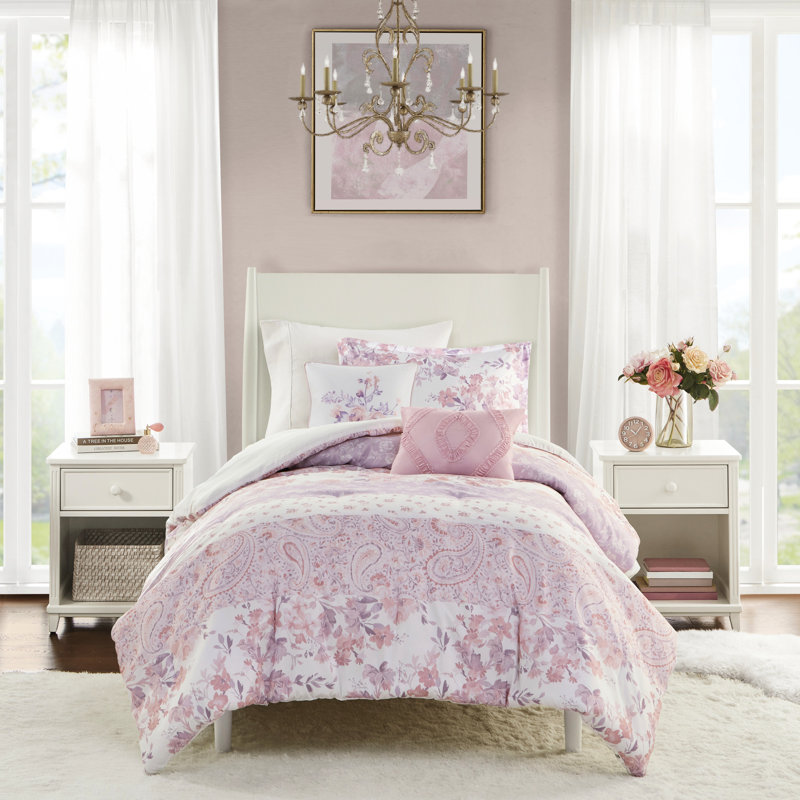 Édredon double / grand avec motif cachemire floral, 2 taies décoratives et coussins