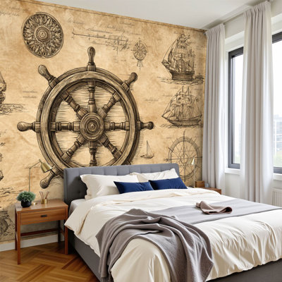 Papier peint adhésif auto-adhésif moderne pour la chambre à coucher Peel and Stick L 96 po x l 69 po avec boussole maritime