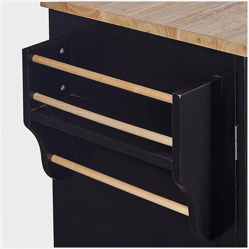 Rolling kitchen island with storage, rubberwood table kitchen trolley, 3 drawers, 2 sliding shelves, internal storage shelves, kitchen island with spice rack and tower shelf, black