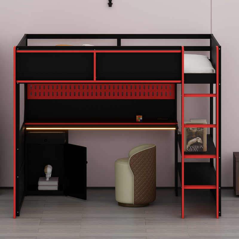 Space-Saving Loft Bed Frame with Workspace, Ambient Lights & Charging Hub, Black+Red