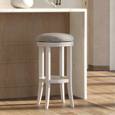 31In. Bar-Height Wood Backless Barstool With Upholstered Grey Swivel Seat, White Frame, 1PC