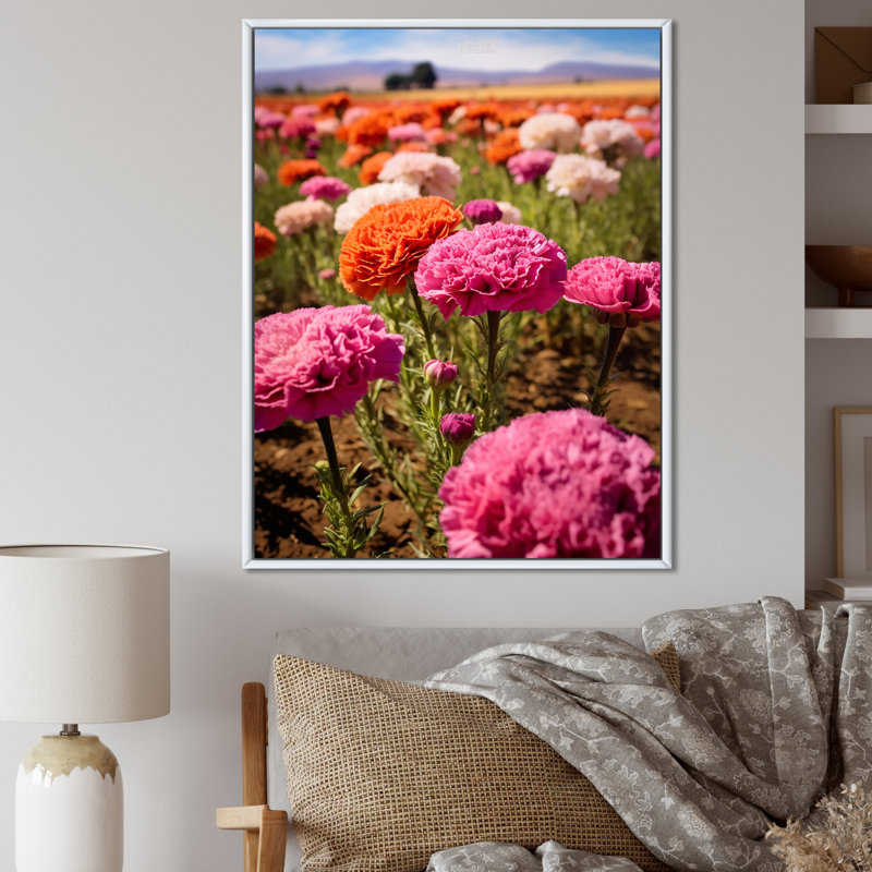 Rose, blanc, orange, œillets, art mural sur toile, Cadre flottant blanc, H 44 po x l 34 po x P 1,5 po