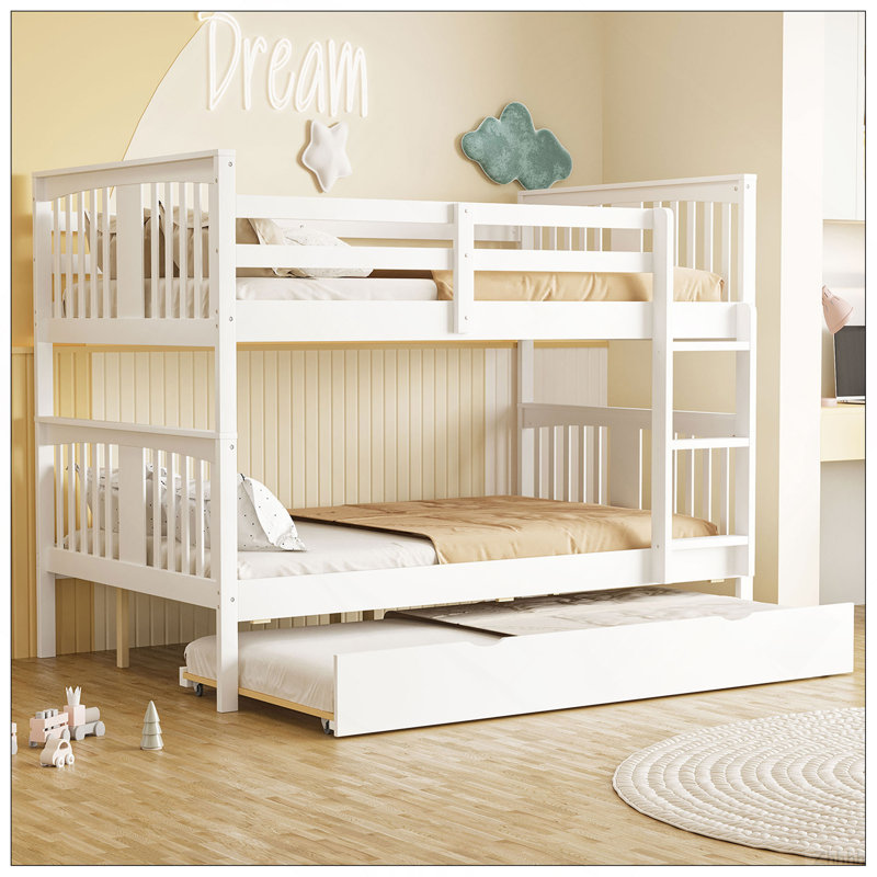 Lit superposé double au-dessus de double avec lit gigogne simple et échelle - blanc