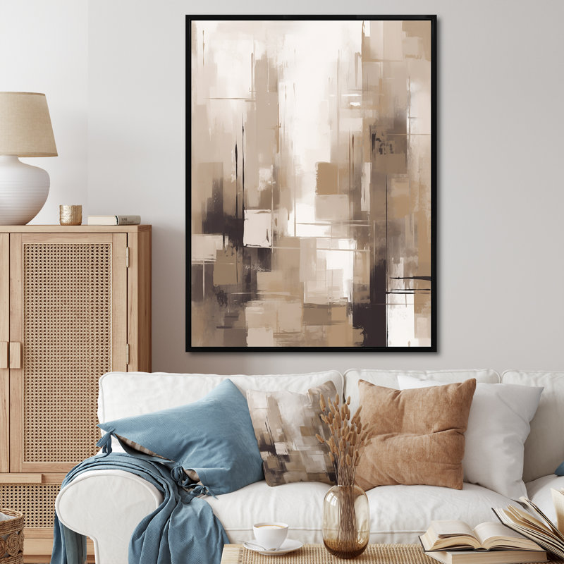 «Cubism Beige Synergy», reproduction sur toile abstraite, Cadre flottant noir, H 40 po x l 30 po x P 1,5 po