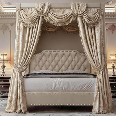 Upholstered King Size Bed Frame with Canopy Poles & Notched Headboard, Button Tufted & Nailhead Trim, 1000 LBS Capacity
