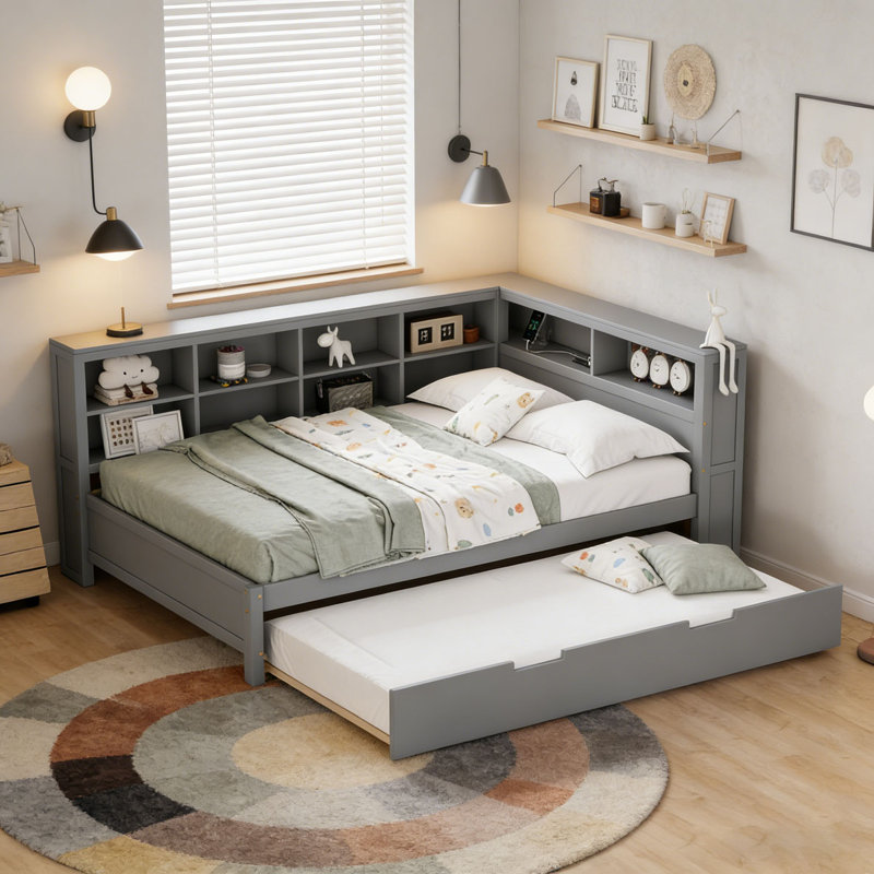 Wooden  Daybed With Twin Size Trundle, Gray, Full