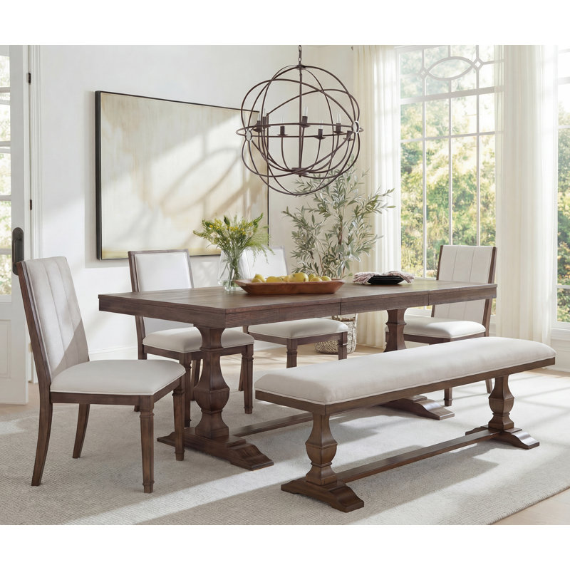 74.8" Rustic Farmhouse Dining Table Set With 1 Bench & 4 Upholstered Chairs (2 Styles), Solid Wood Frame With Turned Decorative Legs, Dining Set For 6-7 People,Brown