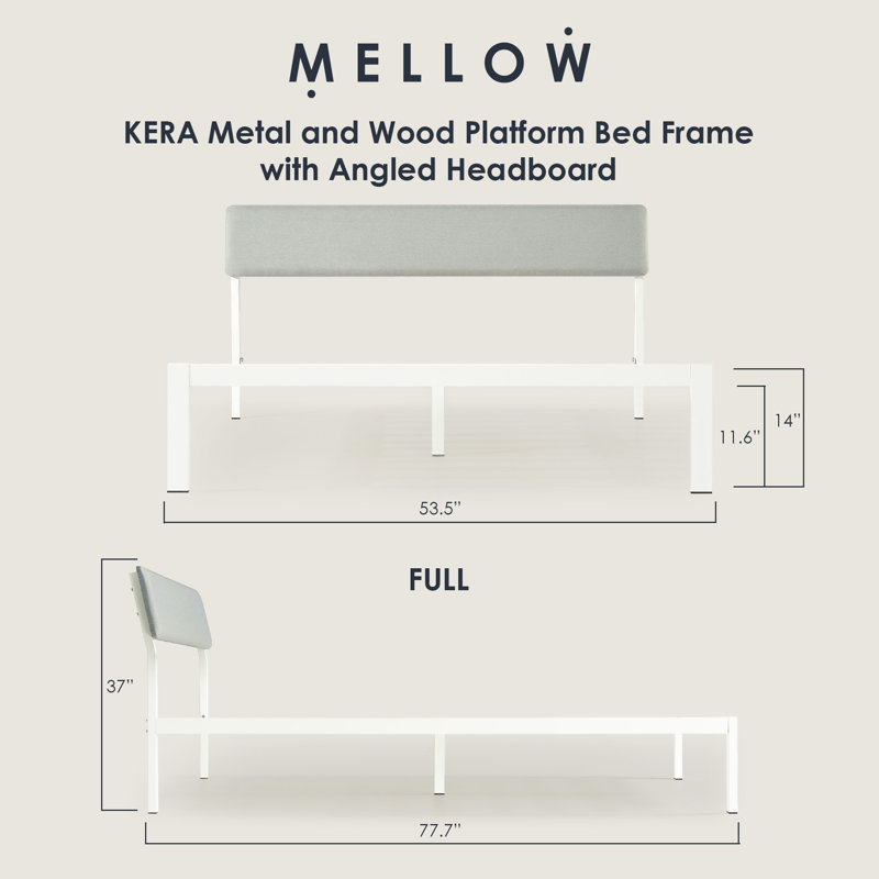 Mellow KERA Metal and Wood Platform Bed Frame with Angled Headboard, Full, White