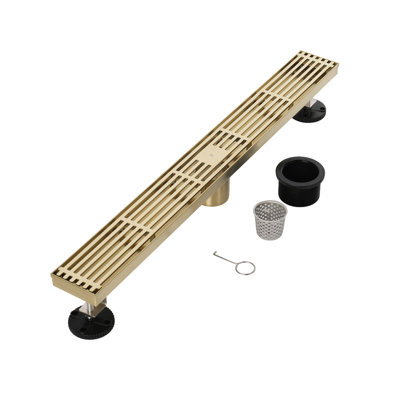FINE FIXTURES Linear Shower Drain, Slotted Grate Design, 10-Gauge 304 Stainless Steel, Center Outlet, Fast Drainage, Hair Strainer Included