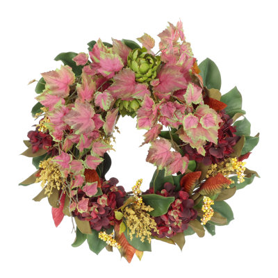 30" Magnolia Leaf Wreath With Hydrangeas, Heather And Pinecones