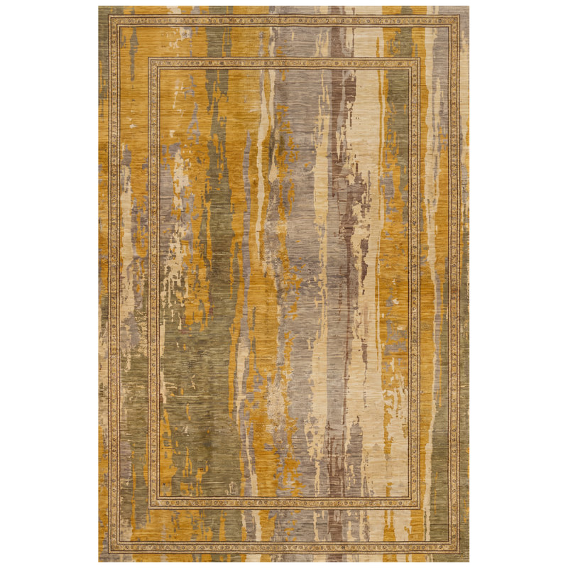 Carlisle Modern Distressed Solid Gold Green Gray Machine Washable Non-Slip Low Pile Indoor Outdoor Pet Friendly Living Room Bedroom Dining Room Entryway Hallway Office Area Rug