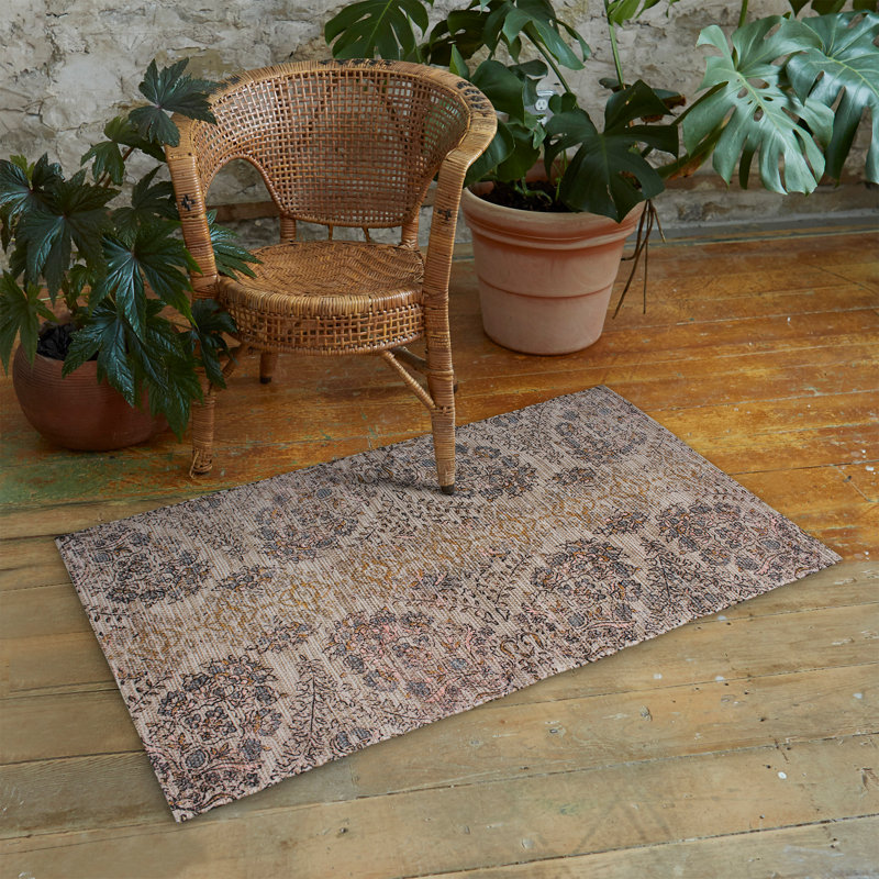 Vintage Inspired Blue and Brown Floral Cotton Rectangular Rug